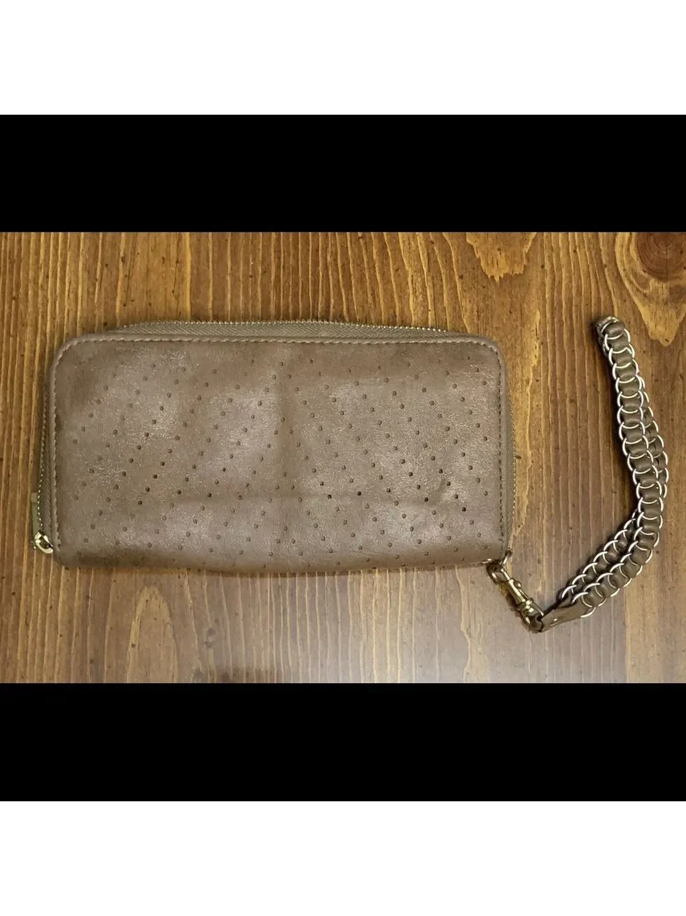 Brown Faux Leather Wallet With Gold Tone Chain
